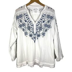 Kyla Seo White and Blue Embroidered Blouse